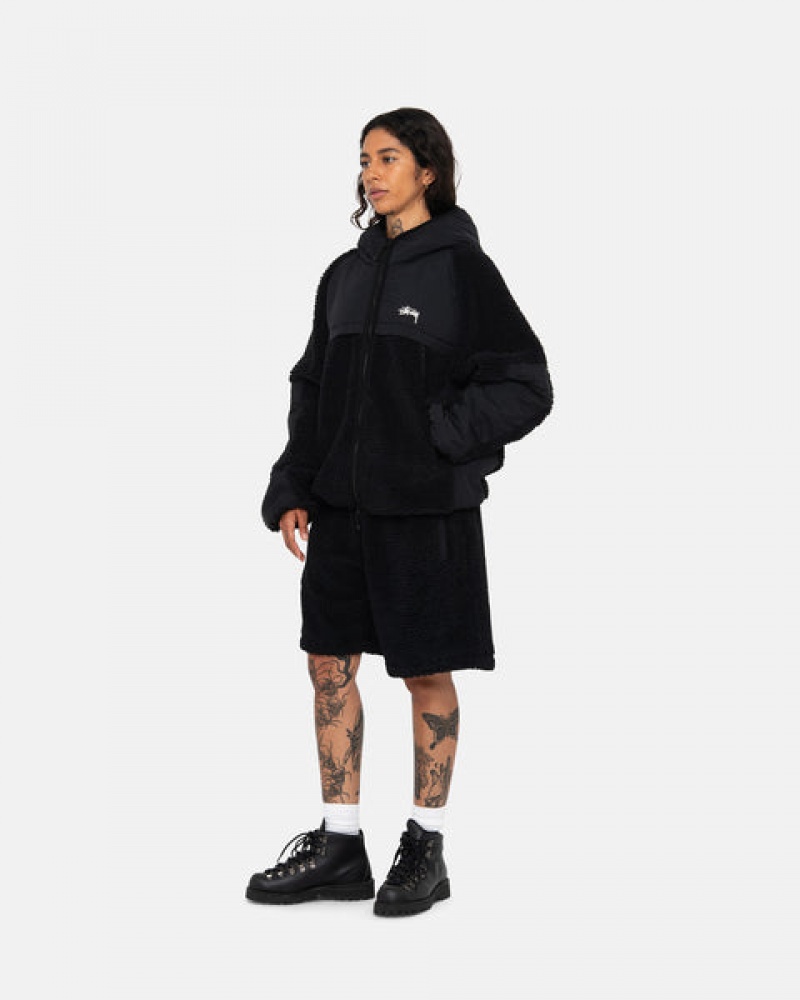 Stussy Sherpa Paneled Hooded Jacket Jakne Ženske Crne Srbija | RLY-6077